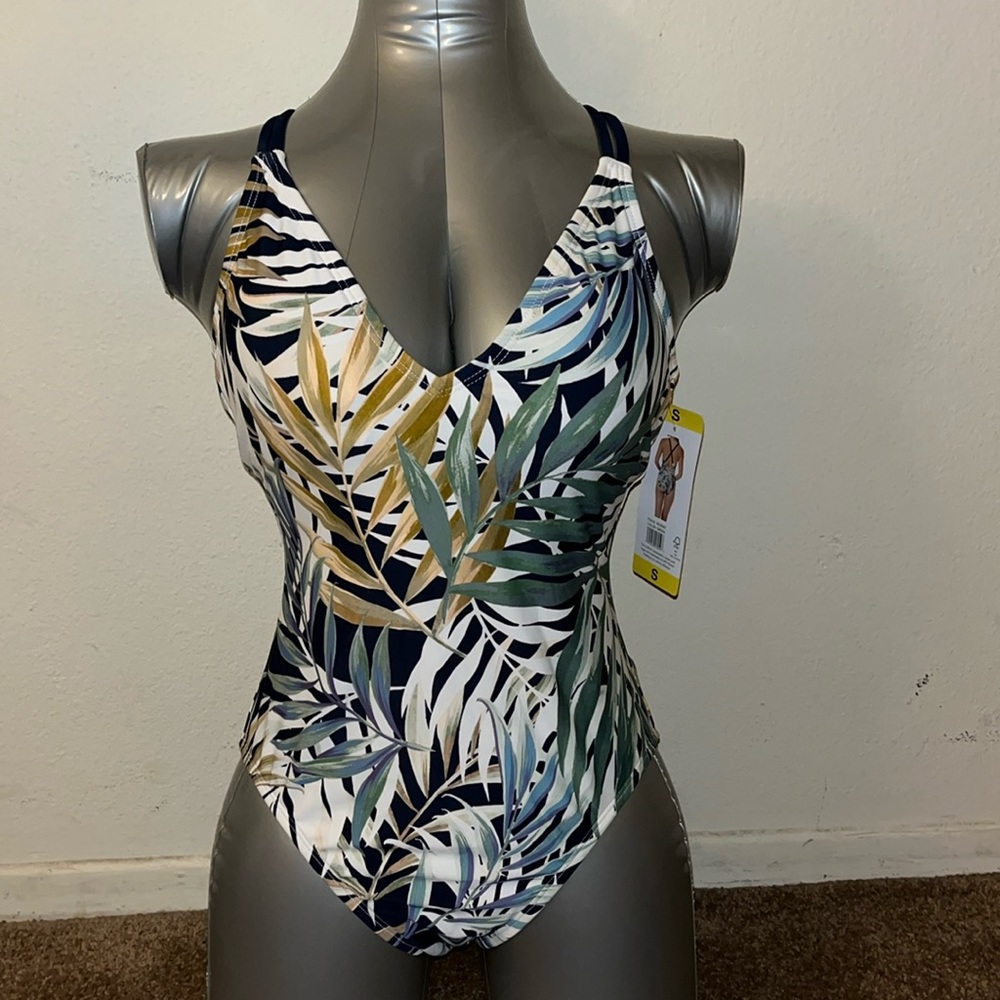 Hurley Tropical Leaf Print One-Piece Swimsuit - Navy, White, Green, Gold